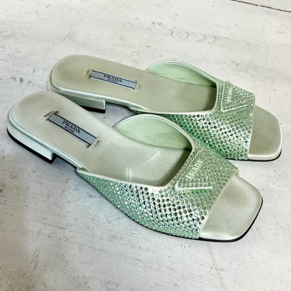 Prada Satin Crystal Embellishments Slides Sandals Light Green Womens 36.5 / 6.5